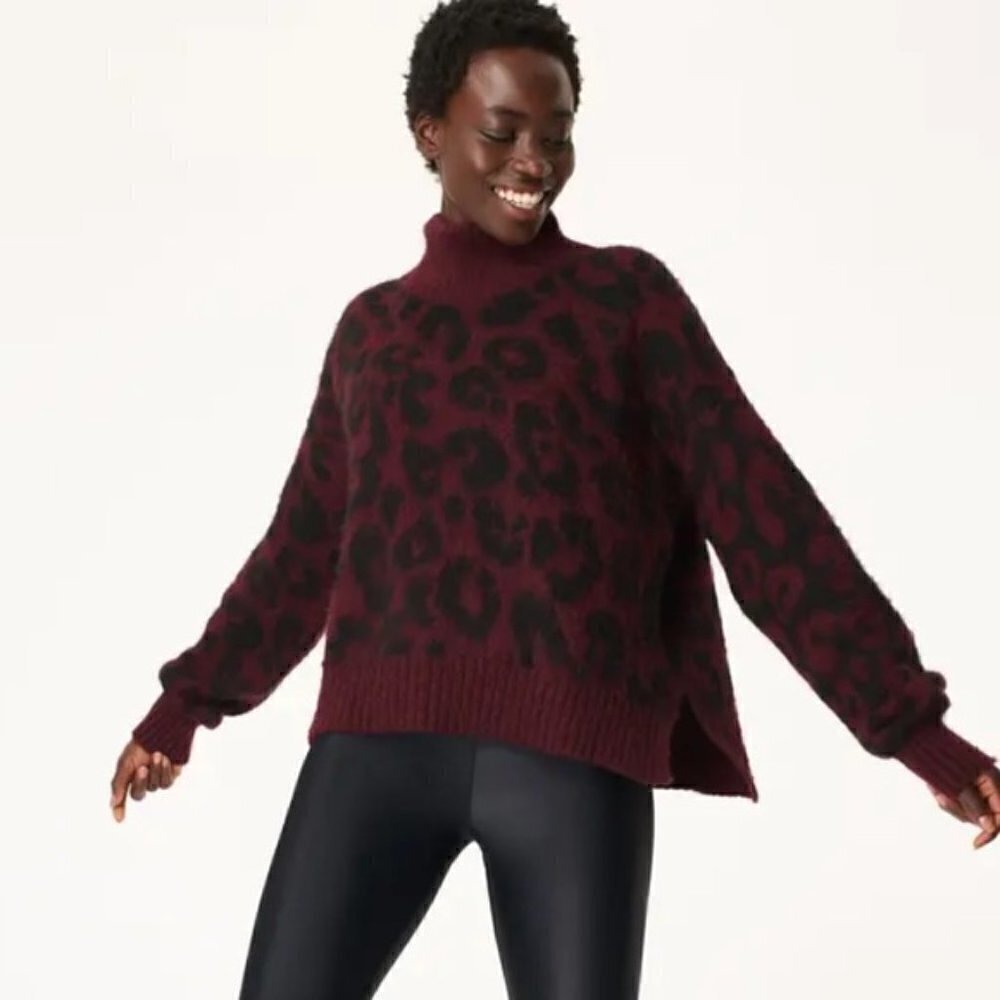 Sweaty Betty Jacquard Sweater mockneck animal leopard wine black new XL X-Large